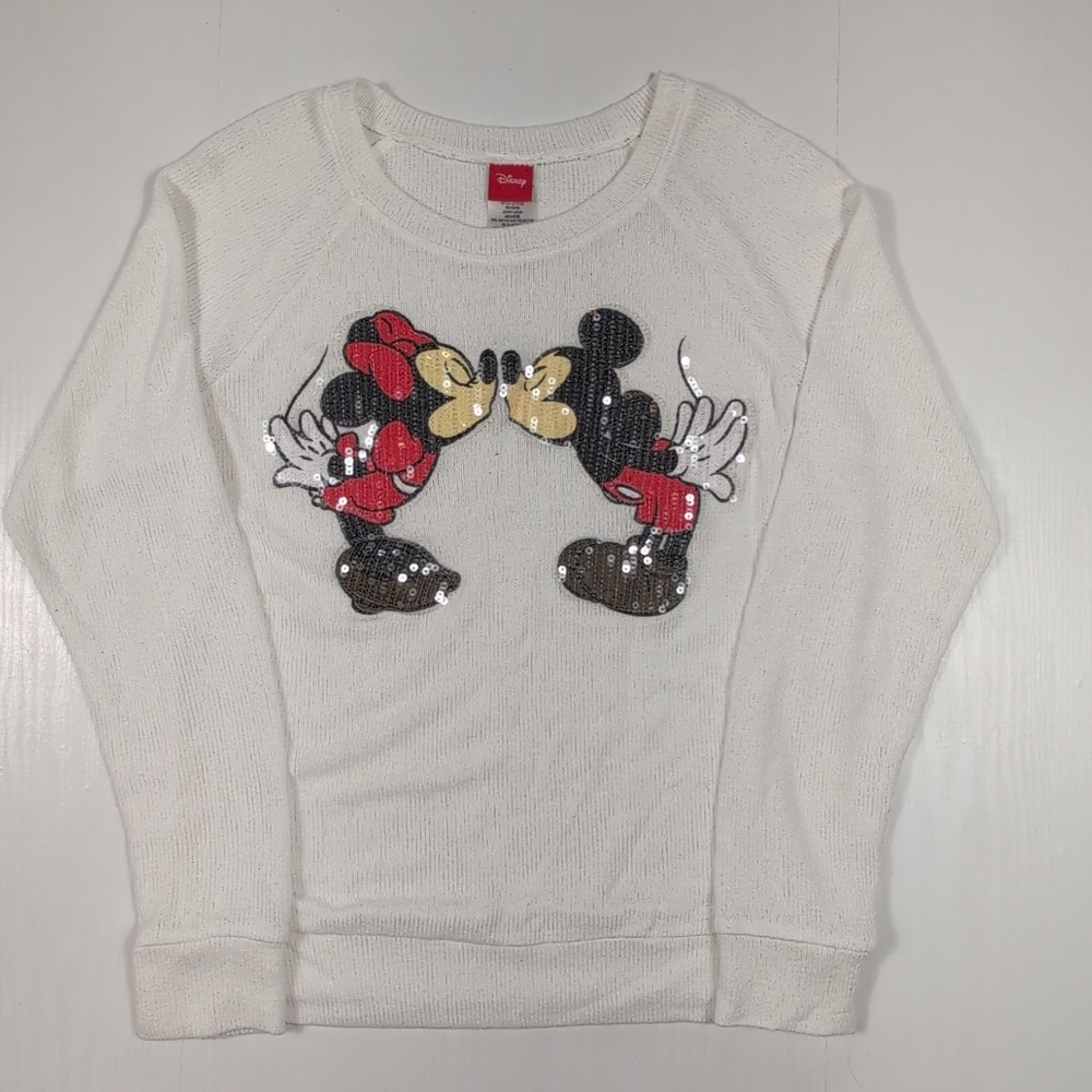 Disney Mickey Minnie Mouse Sequin Kiss Sweater Cream Jerry Leigh JT12152 Large